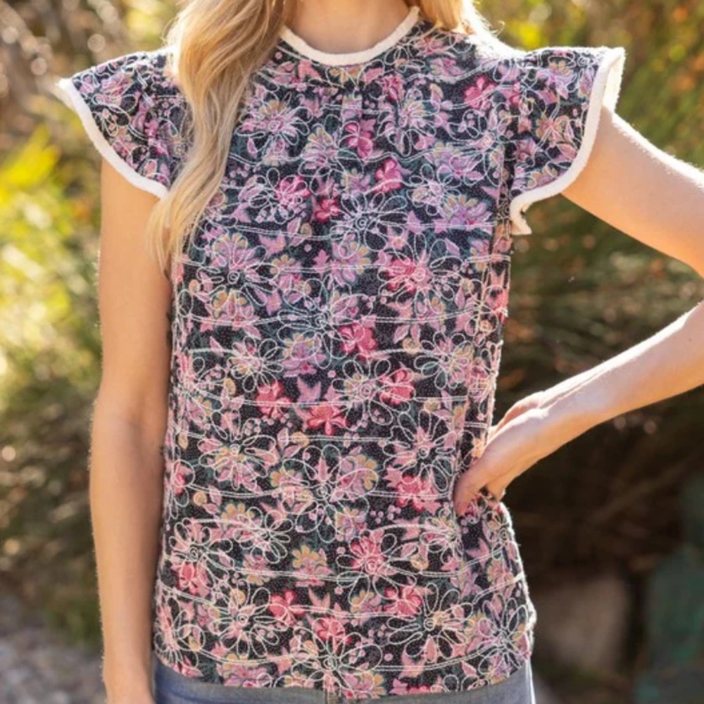 Voy Floral Embroidered Fringe Detail Back Ribbon Top Size Large - Picture 3 of 15